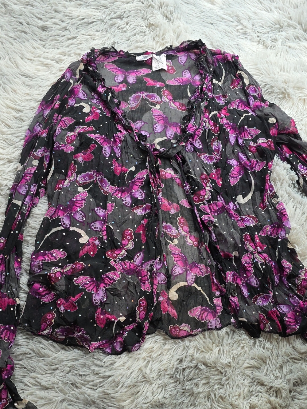 No Boundaries Black Sheer Button-Down Top with Pink and Purple Butterflies
